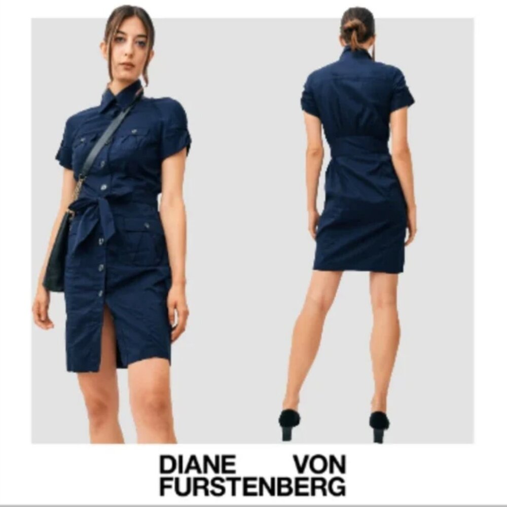 Diane Von Furstenberg Vastago Button-Up Navy Blue Belted Shirt Dress 2
